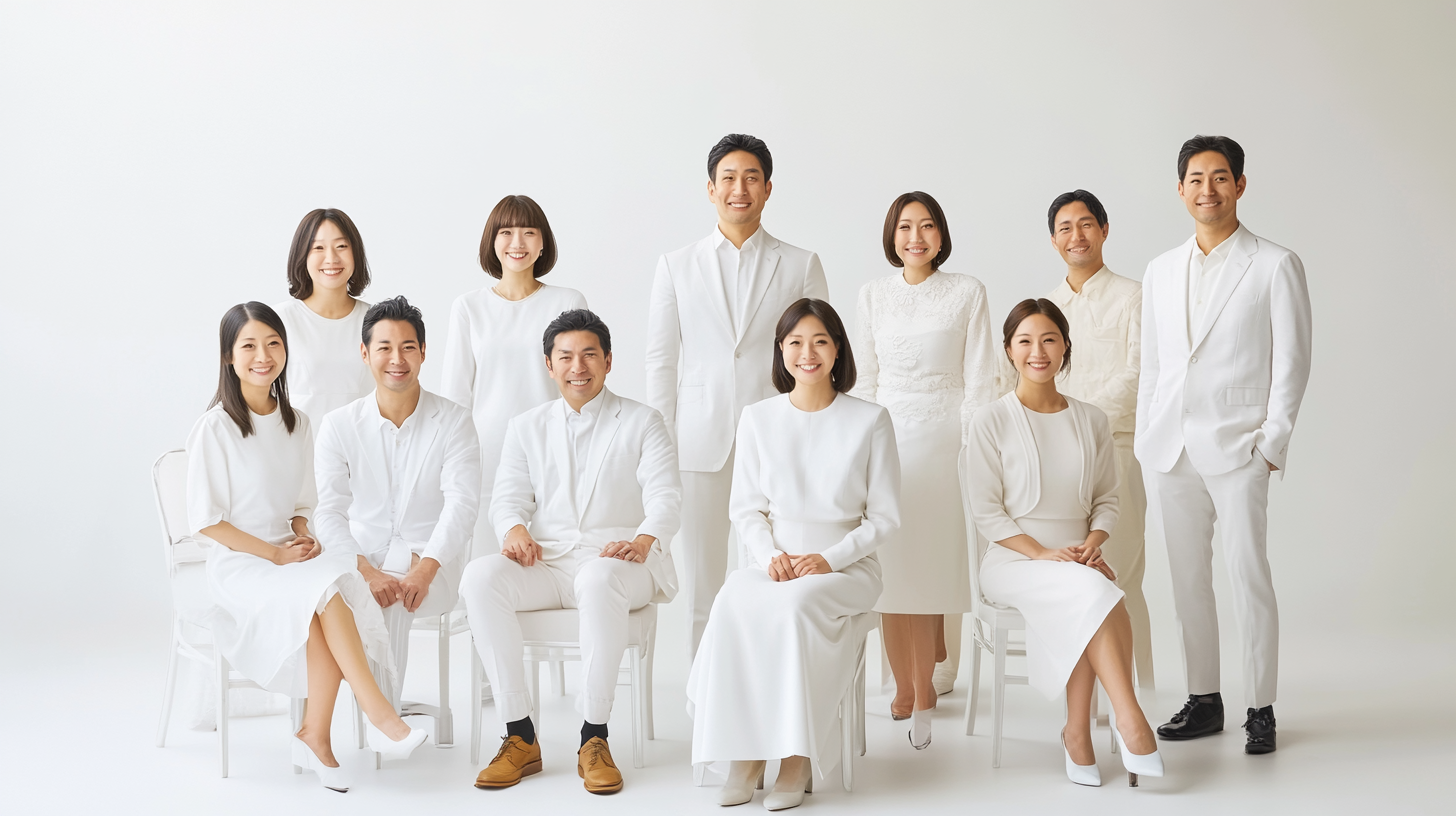 Japanese professionals in stylish attire smiling for group photo.