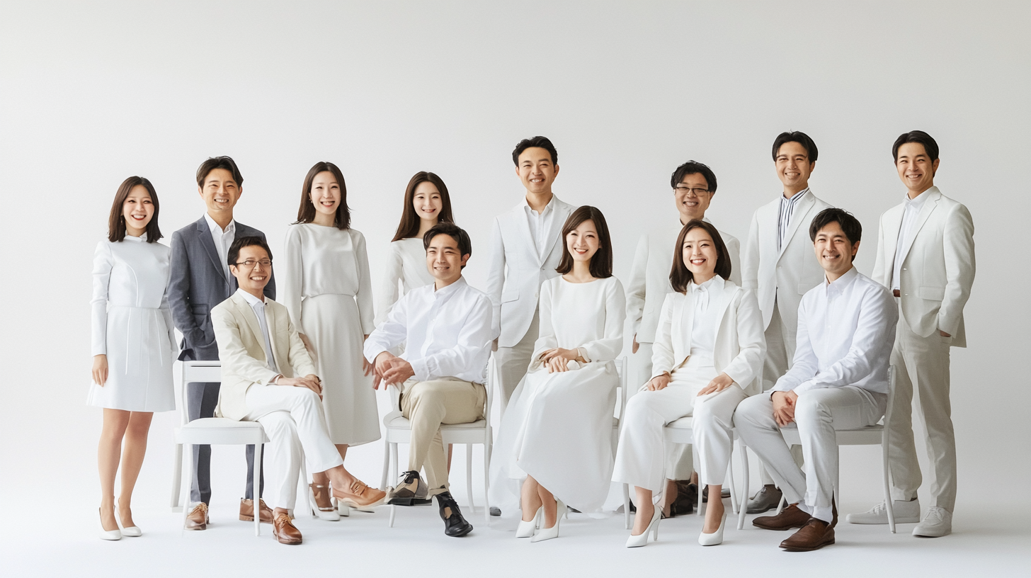 Japanese professionals in stylish white attire pose happily together.