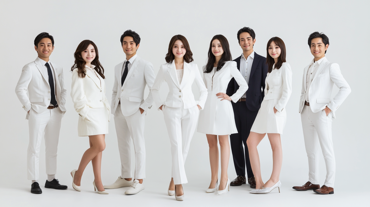 Japanese professionals in white suits and dresses pose together.