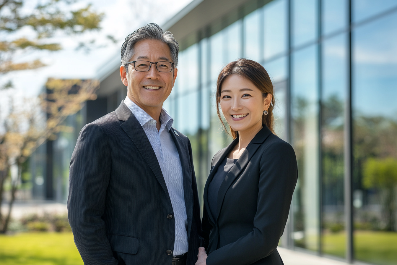 Japanese professionals standing outside modern company building