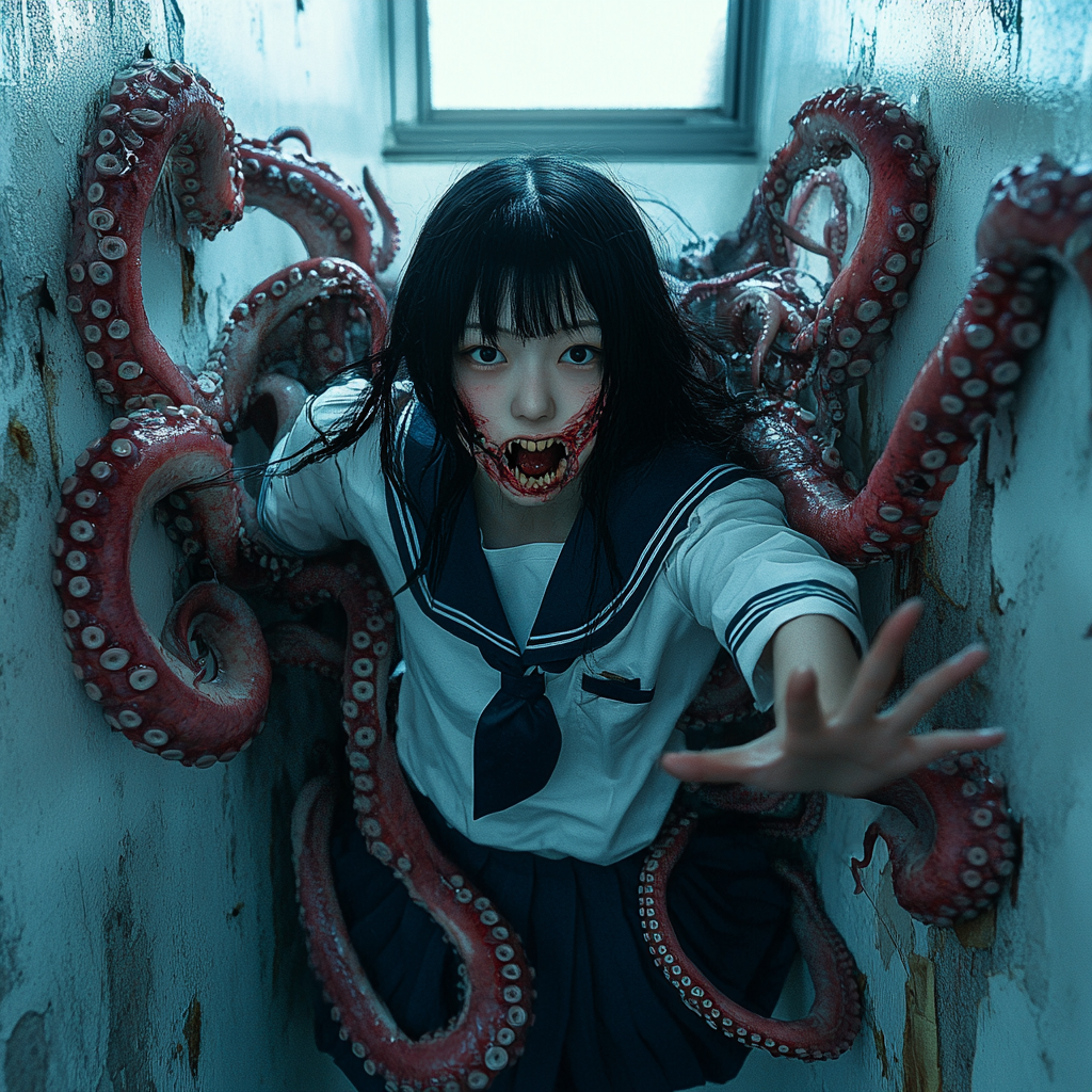 Japanese schoolgirl with tentacles and sharp teeth emerges