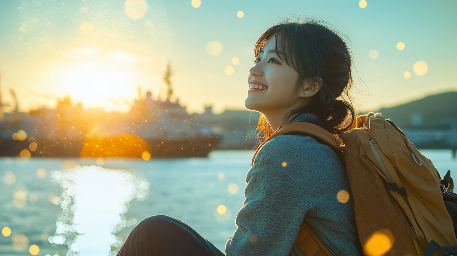 Japanese student hopeful by Nagasaki harbor, backpack under sunset glow.