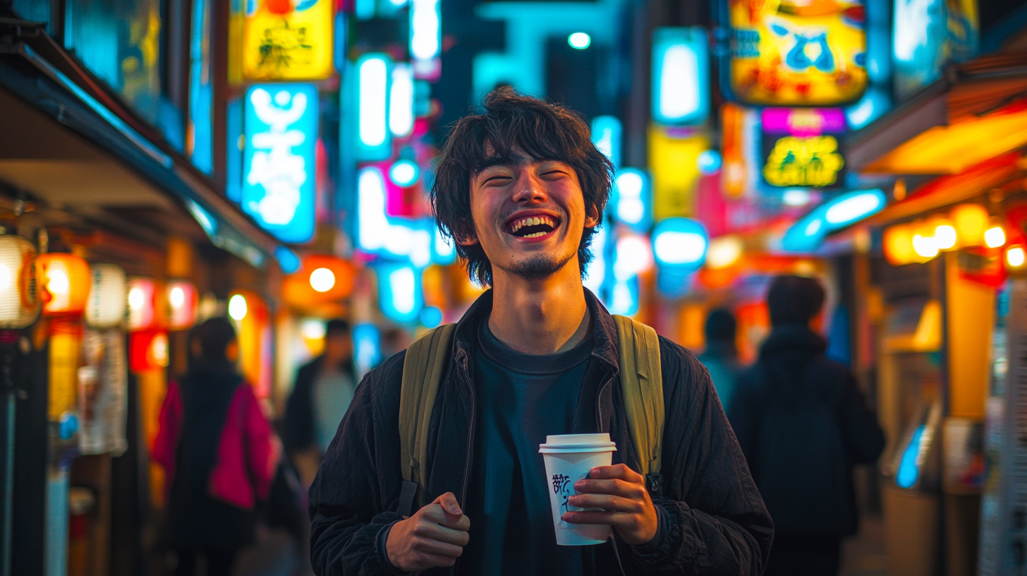 Japanese student laughing in Nagasaki, holding coffee cup.