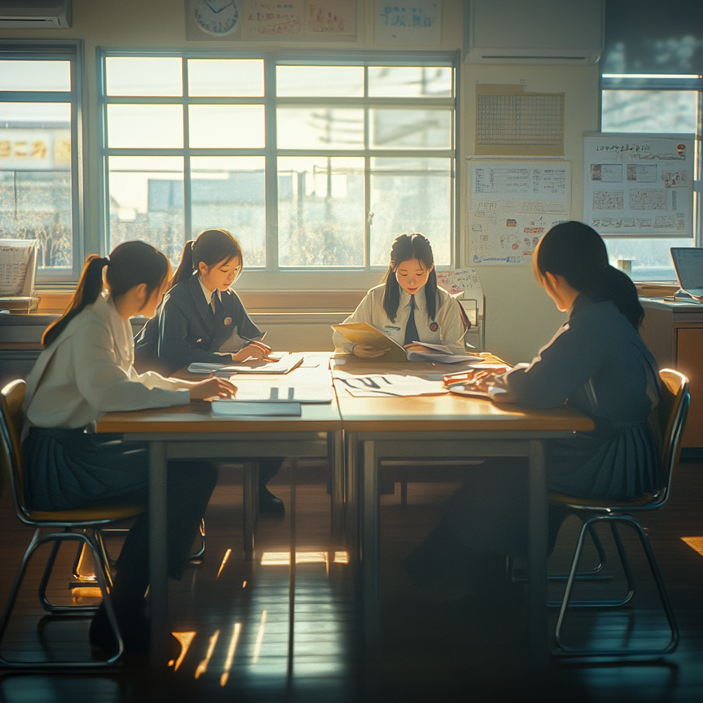 Japanese student studying with teachers in bright classroom.