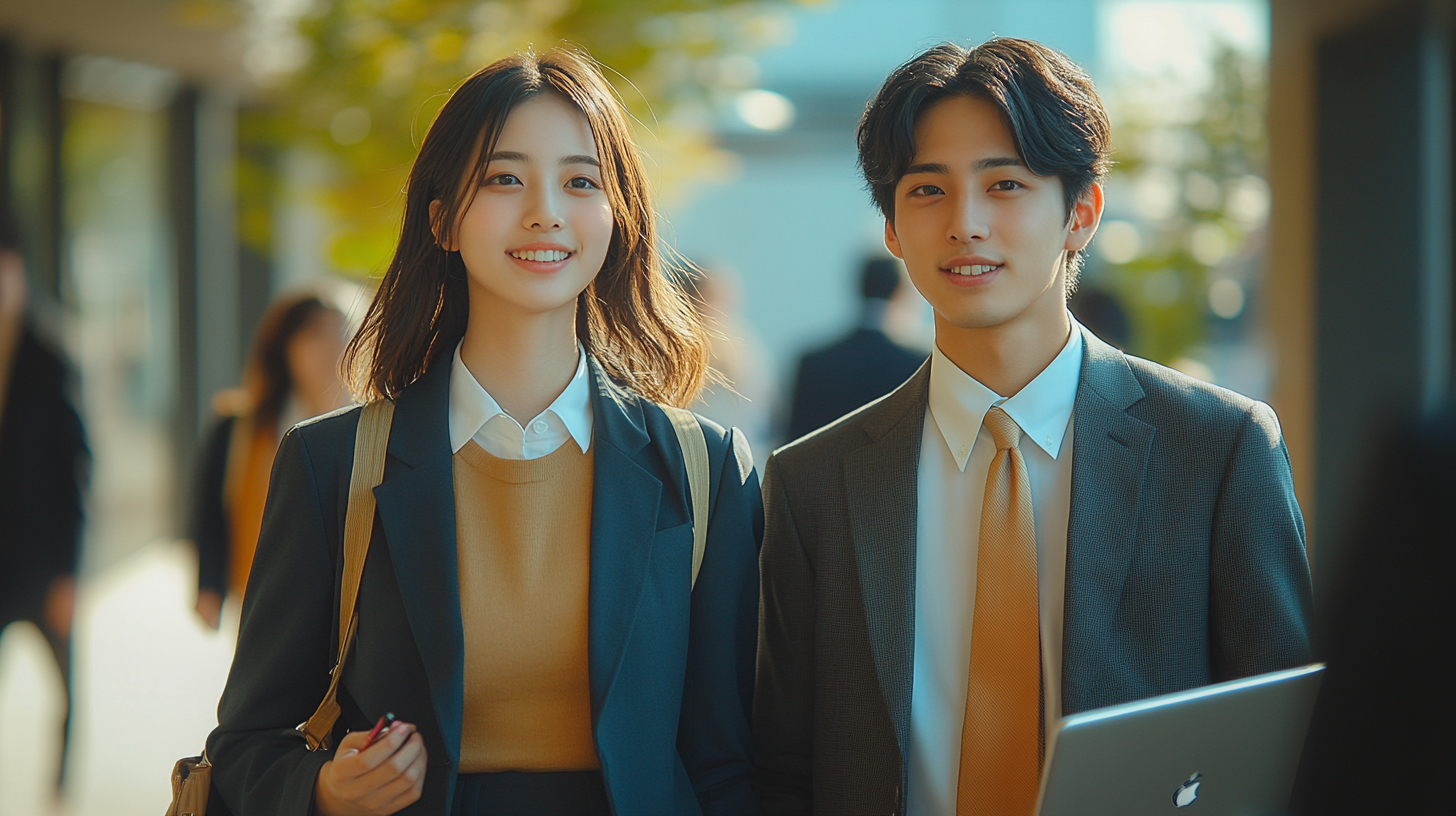 Japanese students in suits walking, one holding laptop, talking.