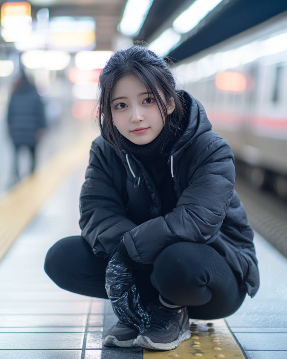 Japanese teenage girl in winter clothes smiles on subway platform.