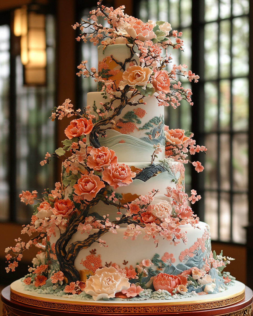 Japanese-themed wedding cake with Kimono design