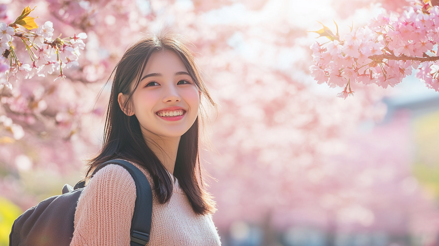 Japanese university student near Nagasaki Peace Park, smiling in sunlight.