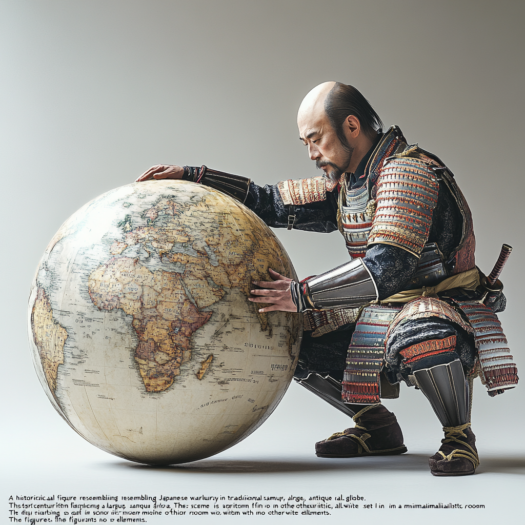 Japanese warlord in armor studying antique globe silently.