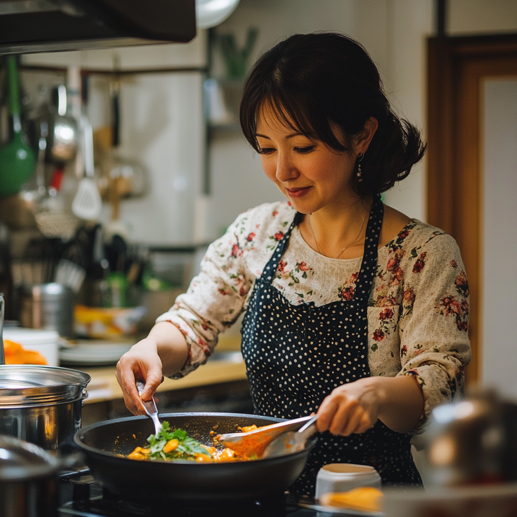 Japanese wife making curry in cozy kitchen, smiling.