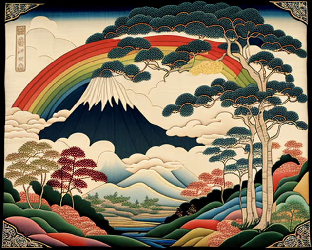 Japanese wilderness tapestry with mountains and forests, ukiyo-e style