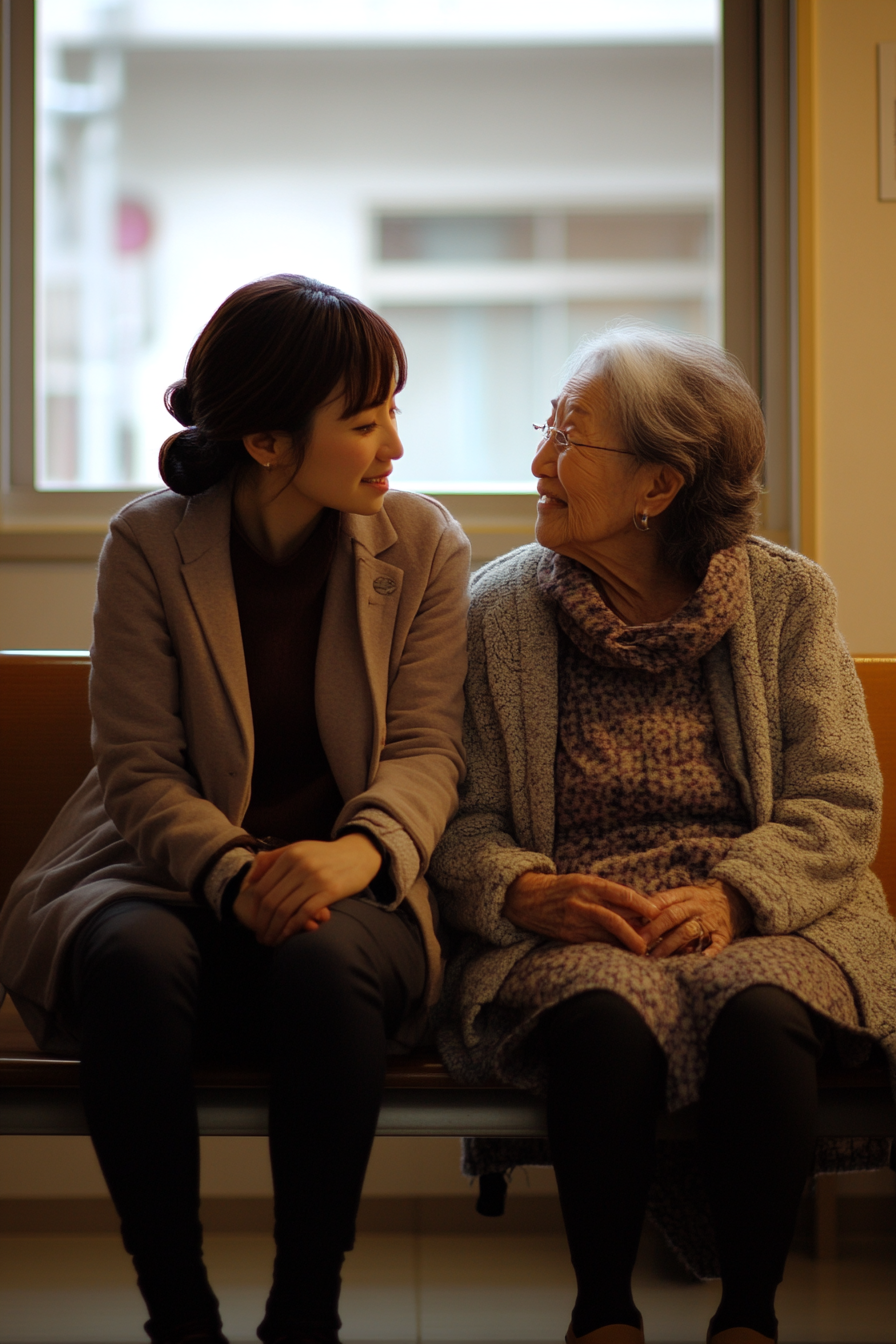 Japanese woman comforting elderly mother in warm hospital room.