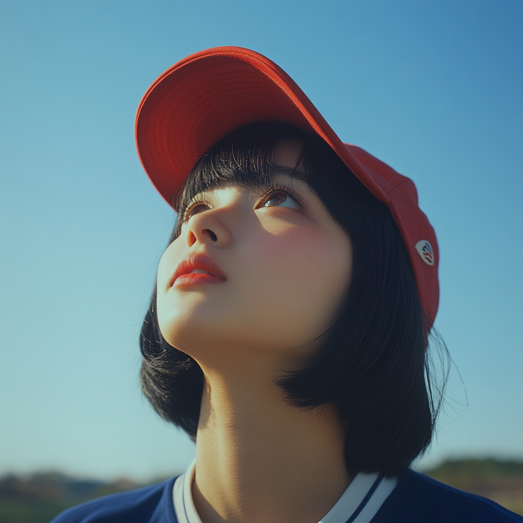 Japanese woman gazes at sky in countryside.