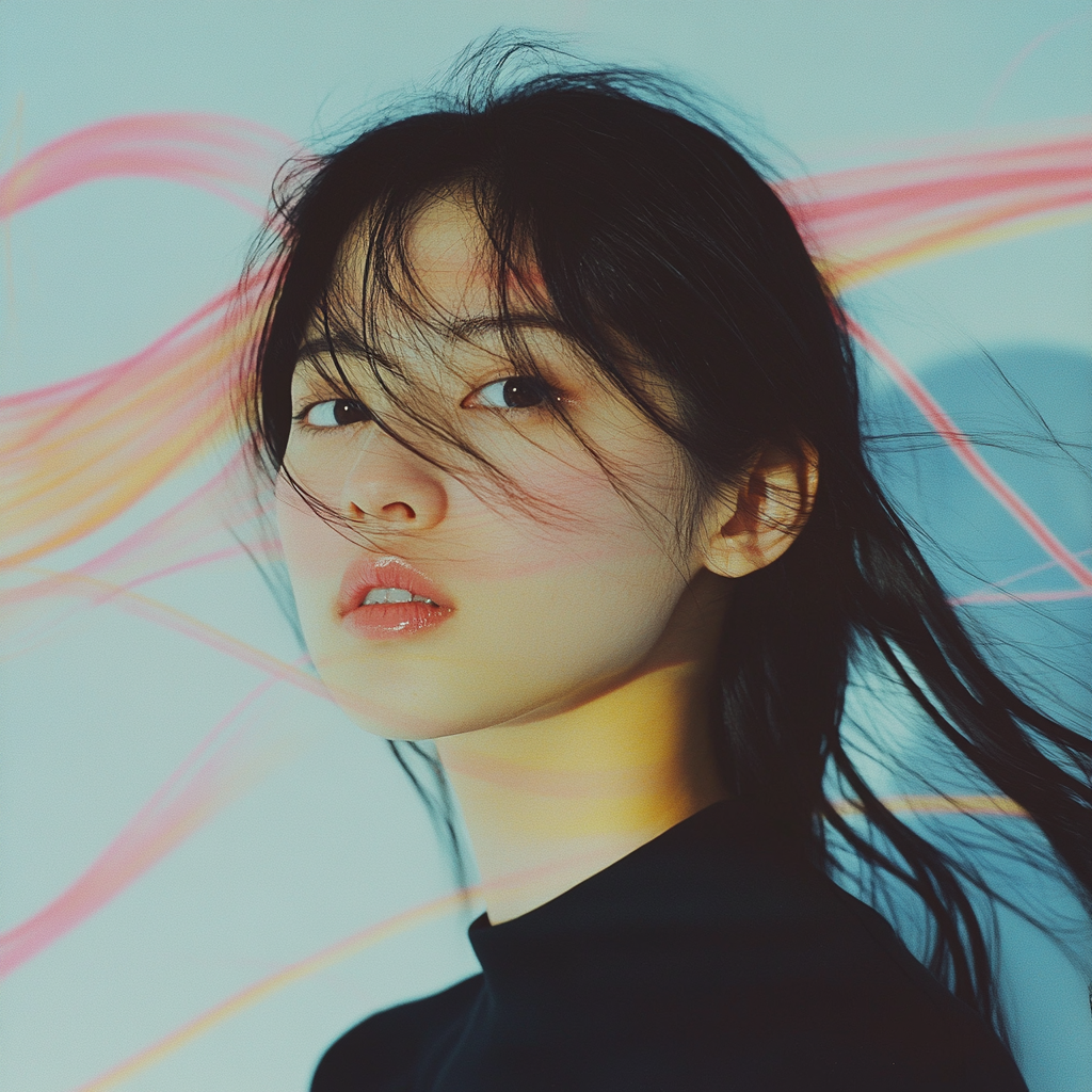 Japanese woman in black shirt with long black hair.