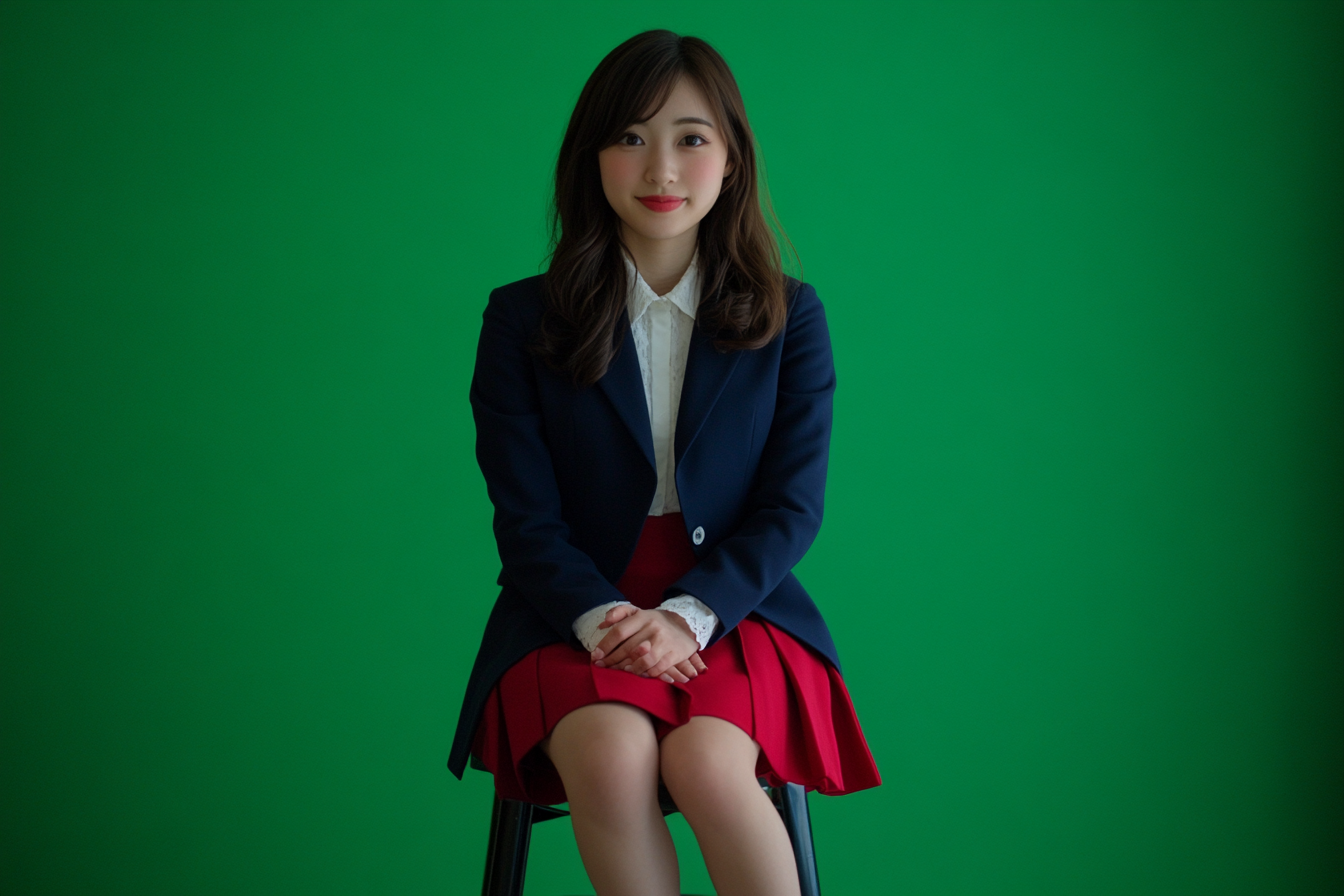 Japanese woman in blue and red outfit smiling happily.