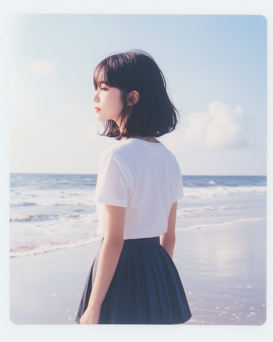 Japanese woman in casual dress standing on coast.