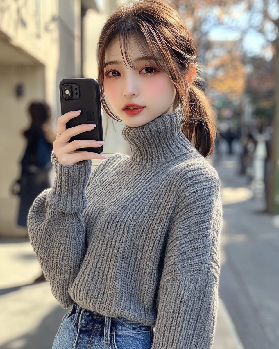 Japanese woman in gray sweater taking walking selfie.