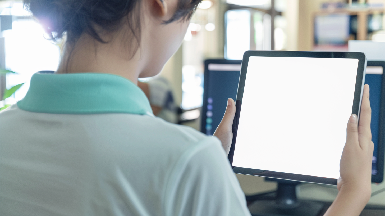 Japanese woman in light blue holding digital tablet.