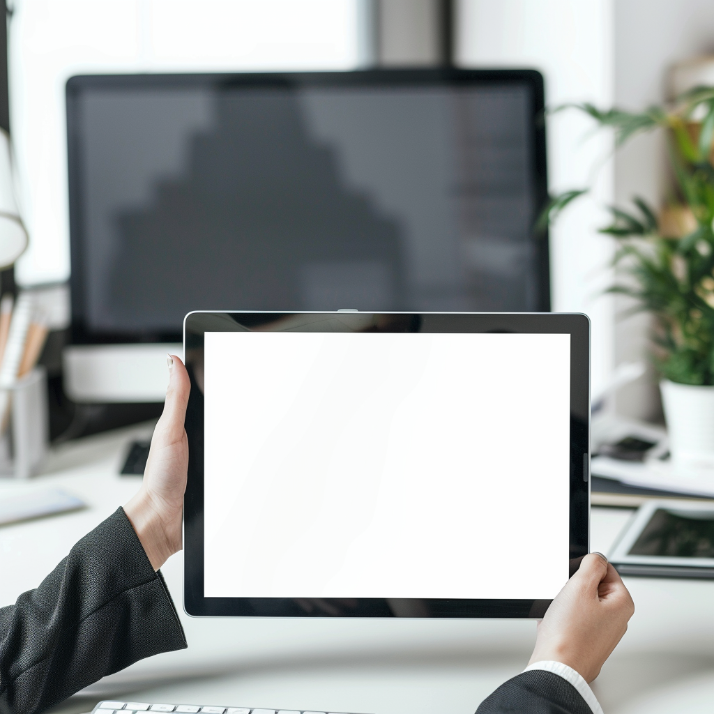 Japanese woman in office holding digital tablet screen.