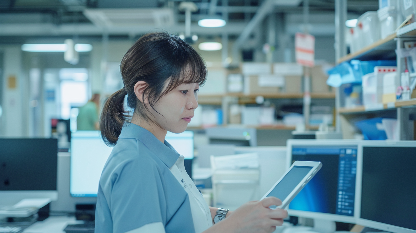 Japanese woman in office with tablet and monitor.