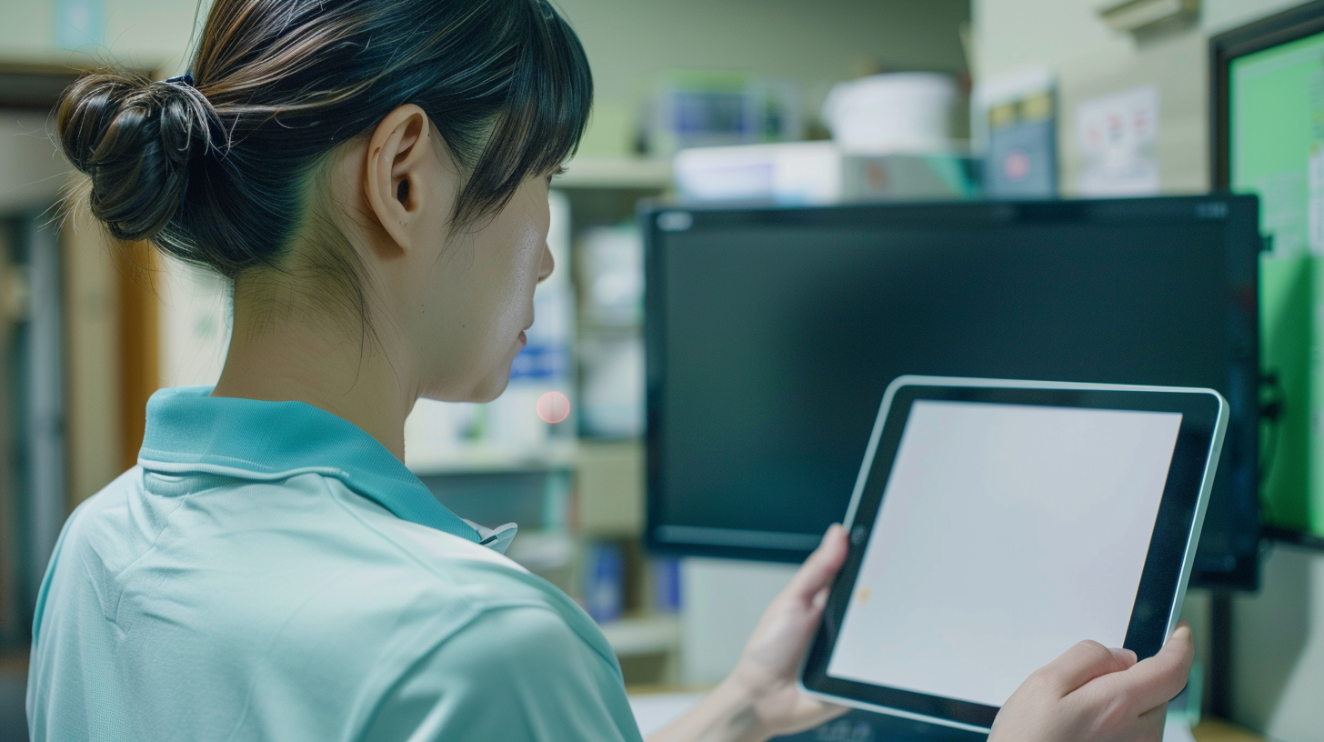 Japanese woman in office with tablet computer and monitor.