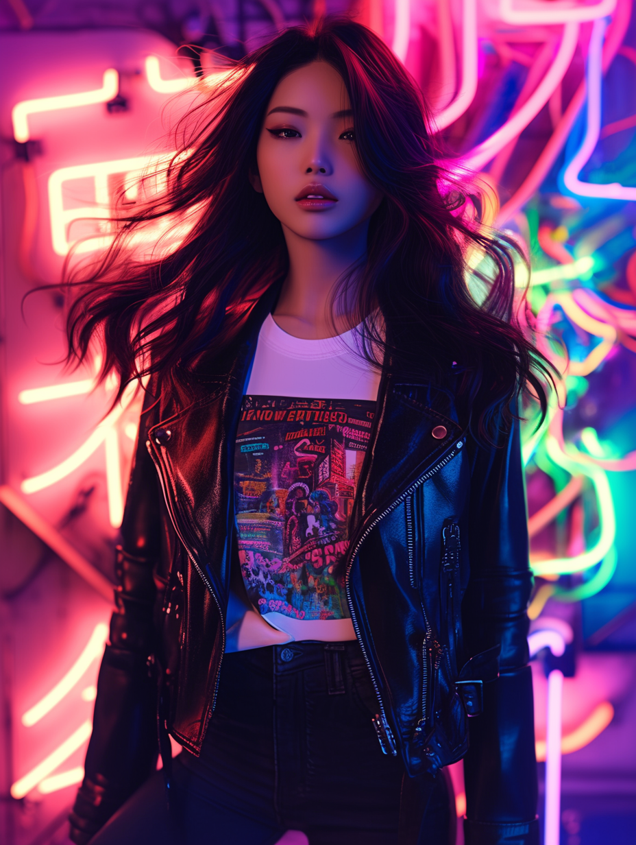 Japanese woman in trendy outfit against neon-lit background.