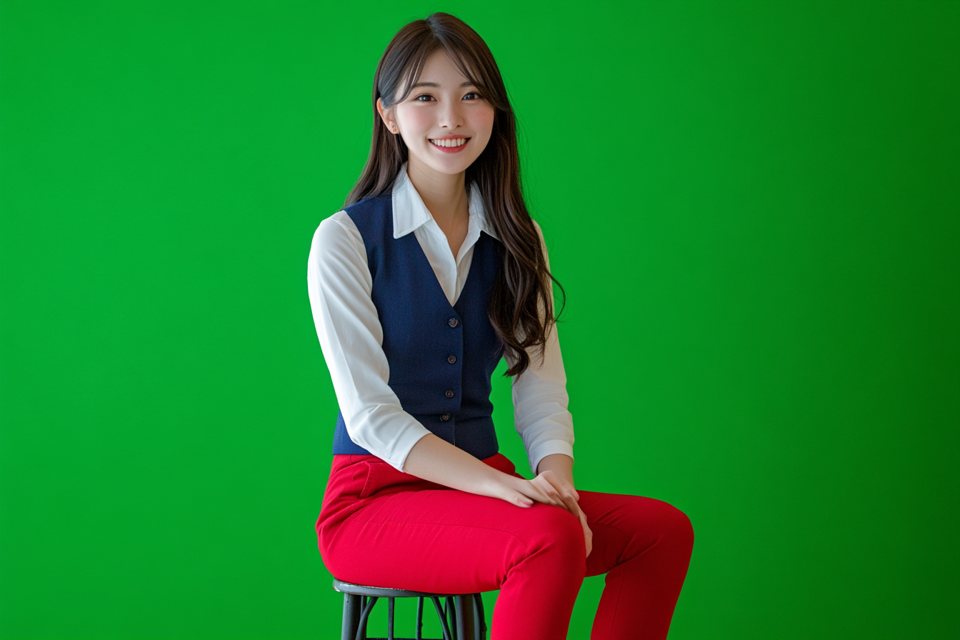 Japanese woman in white blouse, navy vest, red pants.