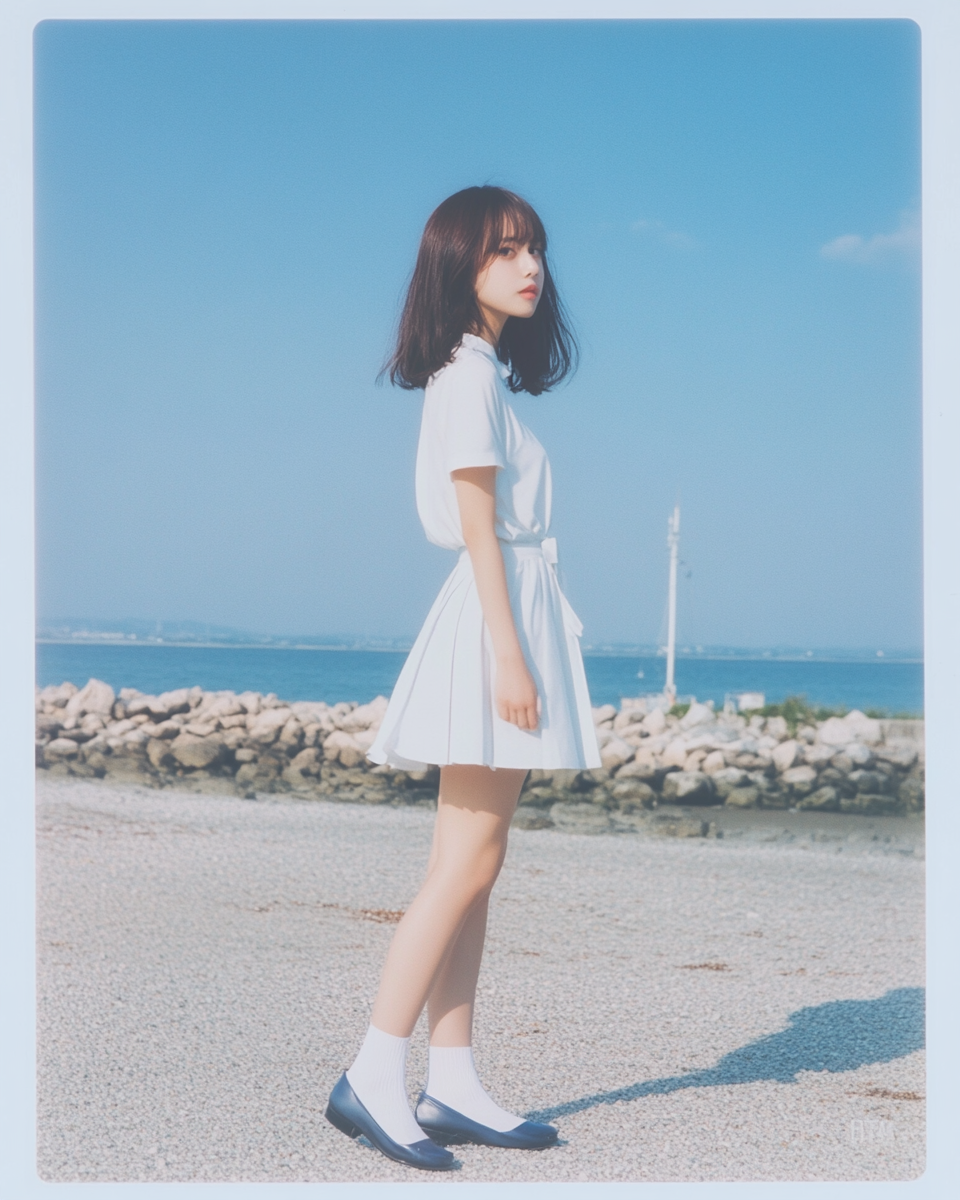 Japanese woman in white dress on beach, posing for photo.