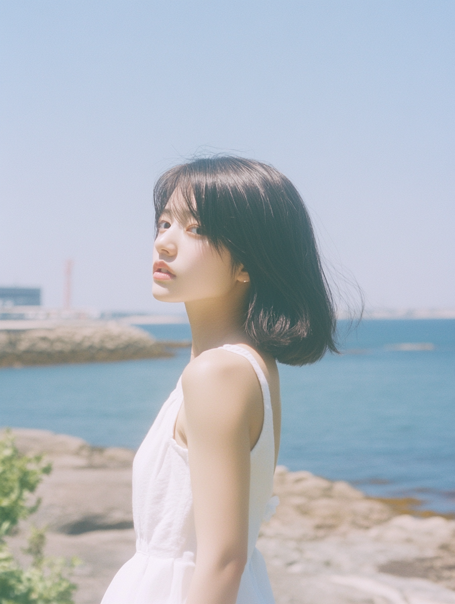 Japanese woman in white dress standing on coast.