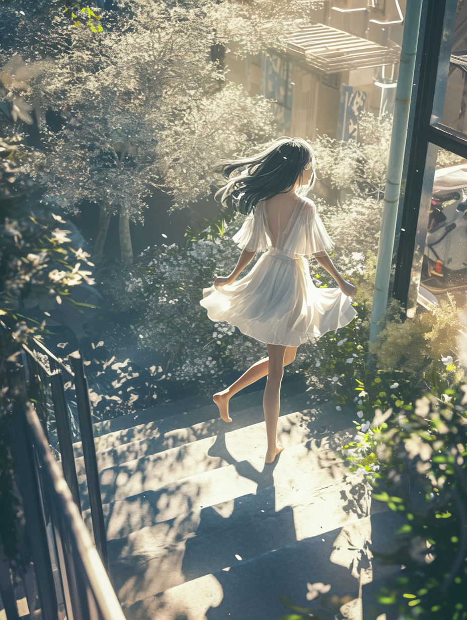 Japanese woman in white dress walks through sunlit alley.