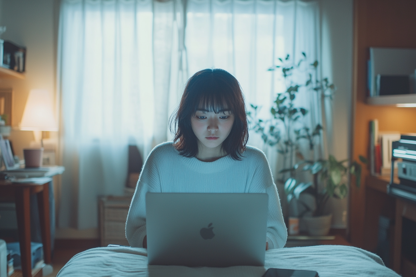 photo of Japanese woman managing finances on laptop in cozy room