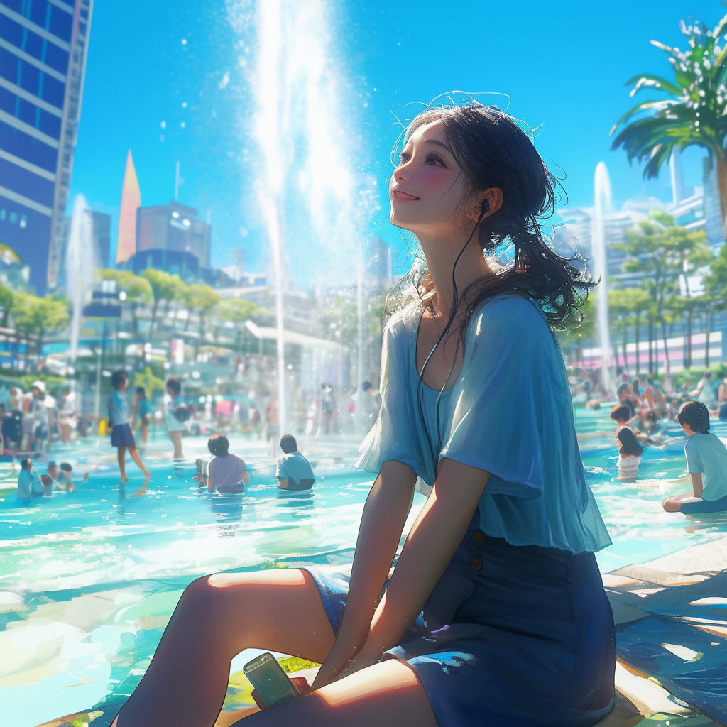 Japanese woman watching children playing in fountain, summer sun.