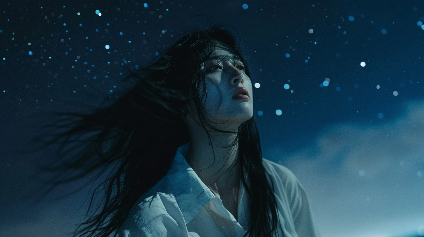 Japanese woman with long black hair standing on beach at night.