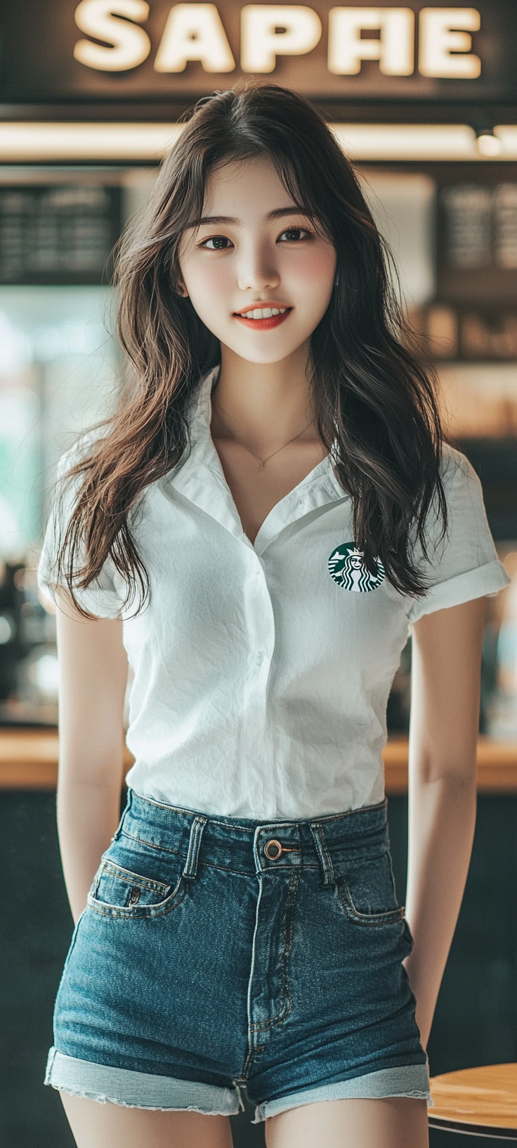 Japanese woman with neat hair, smiling at Starbucks.