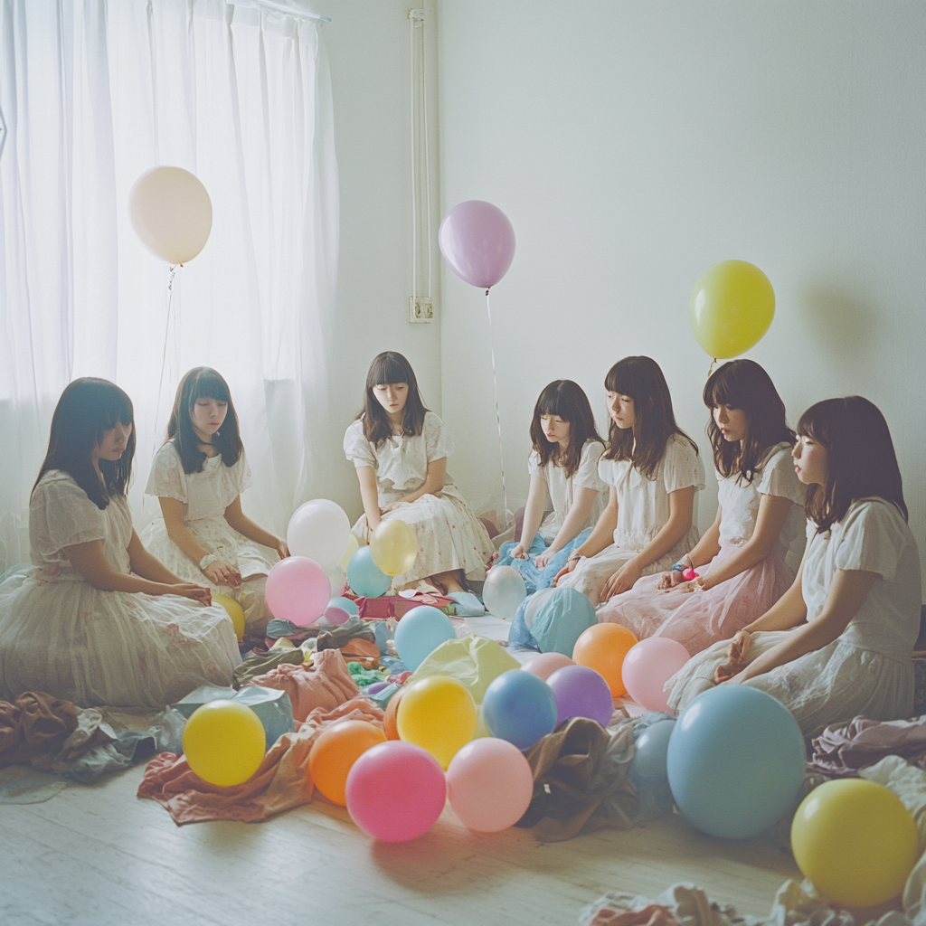 Japanese women in white room with balloons and clothes.