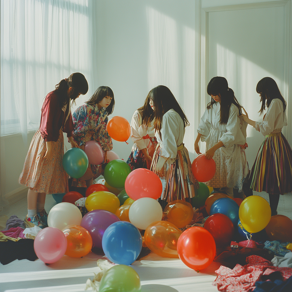 Japanese women with balloons in colorful room.