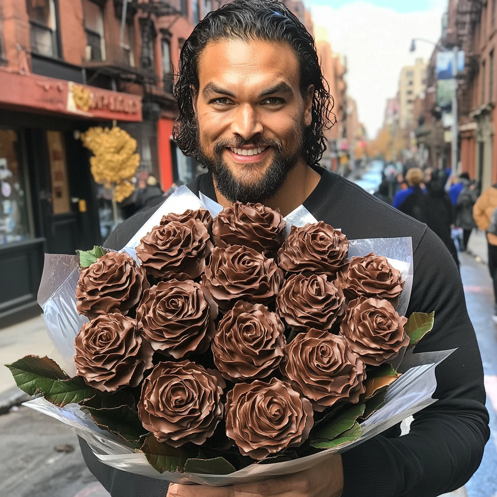 Jason Momoa holding bouquet of chocolate roses, smiling happily.