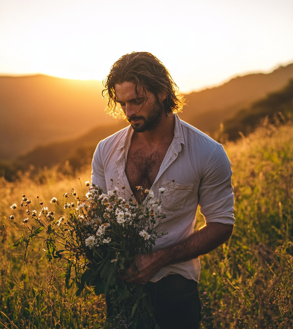 Jason Vorhees poses with bouquet in golden hour.