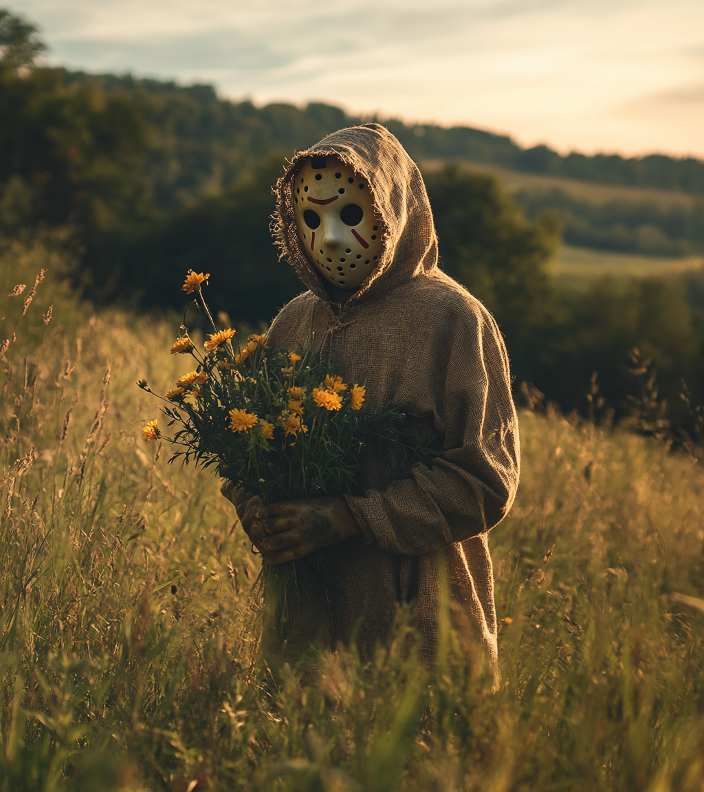 Jason holds wildflowers on hillside in golden hour.