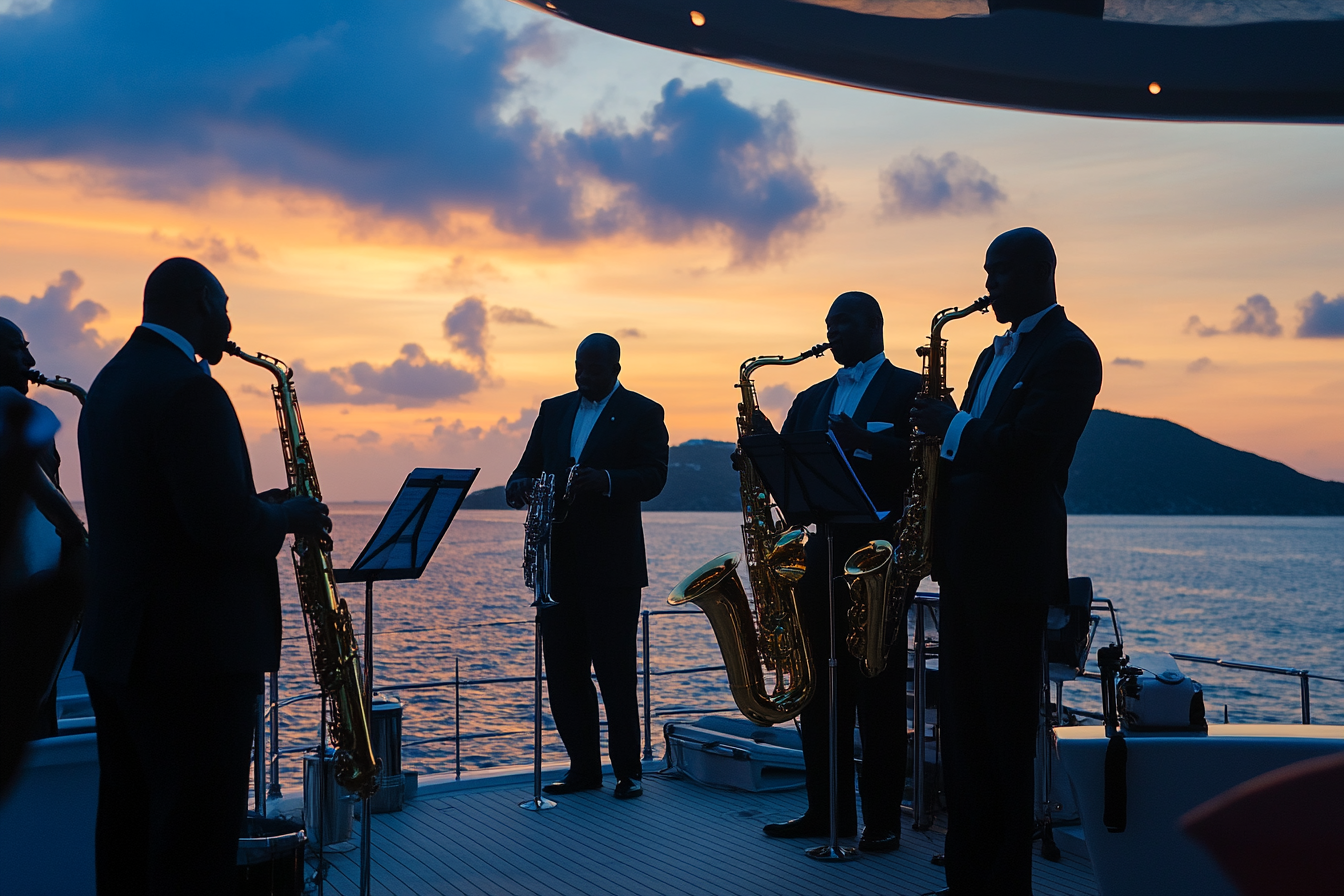 Jazz band on yacht with guests, ocean sunset glow.