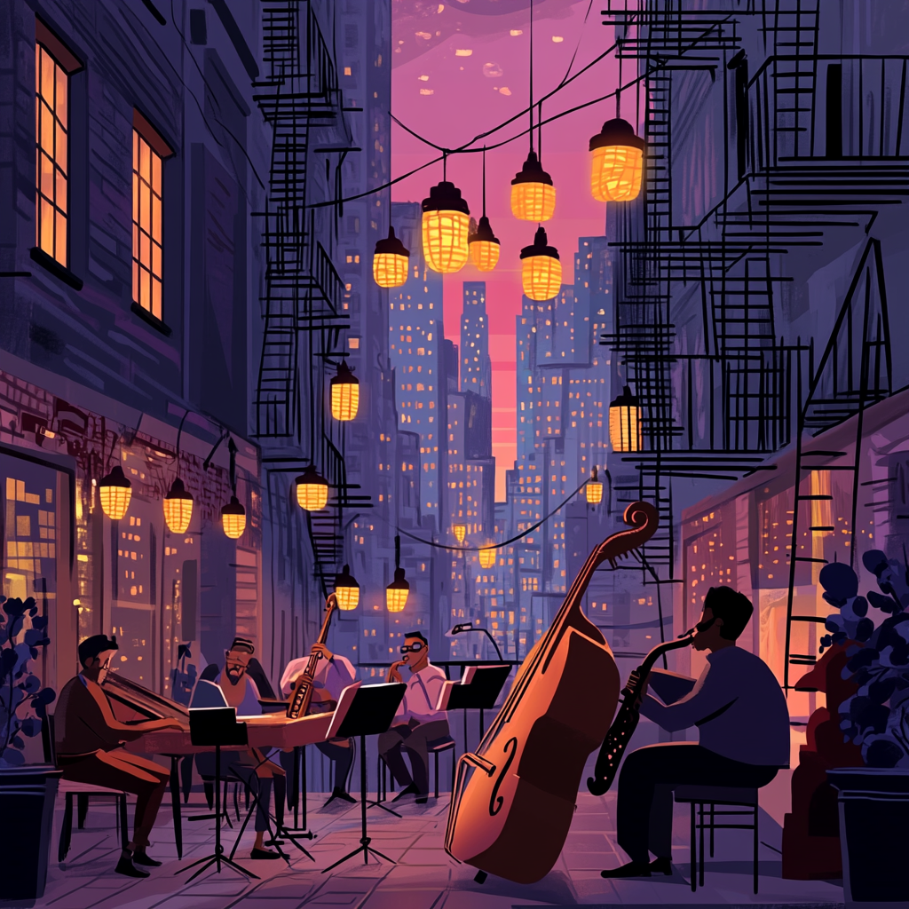 Jazz musicians play on city rooftop at night.