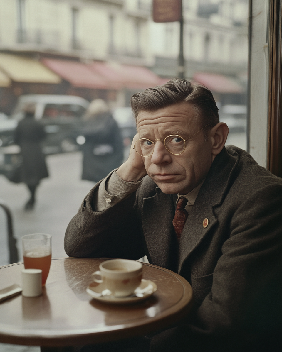 Jean-Paul Sartre contemplating in Parisian café in 1950s.