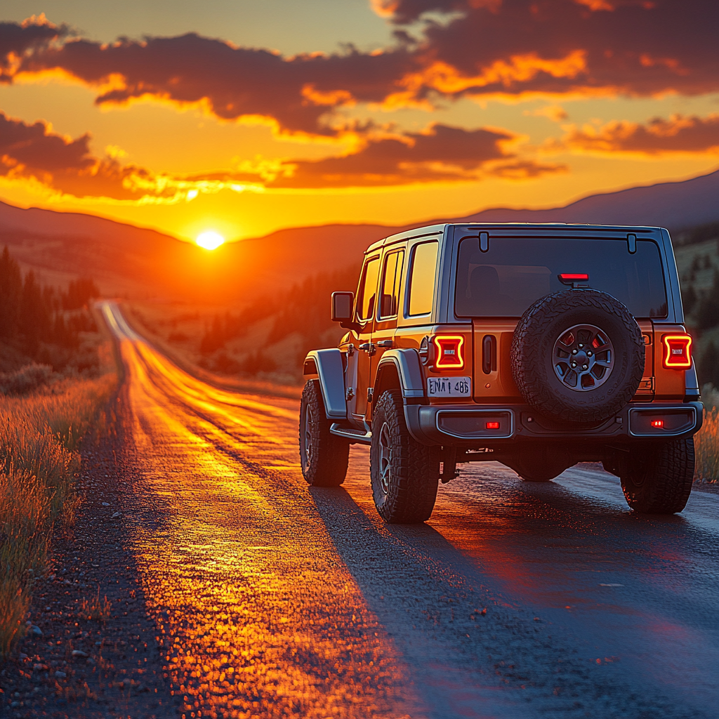 Jeep Wrangler driving into beautiful sunset