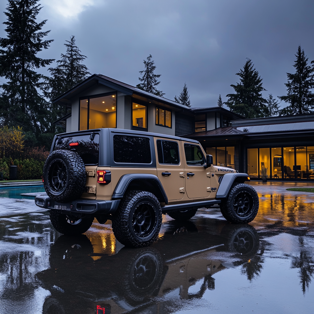 Jeep Wrangler parked in front of mansion in Seattle.