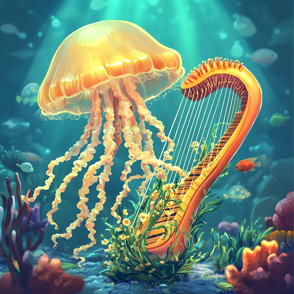 Jellyfish Playing Seaweed Harp in Ocean - Fishdom Game