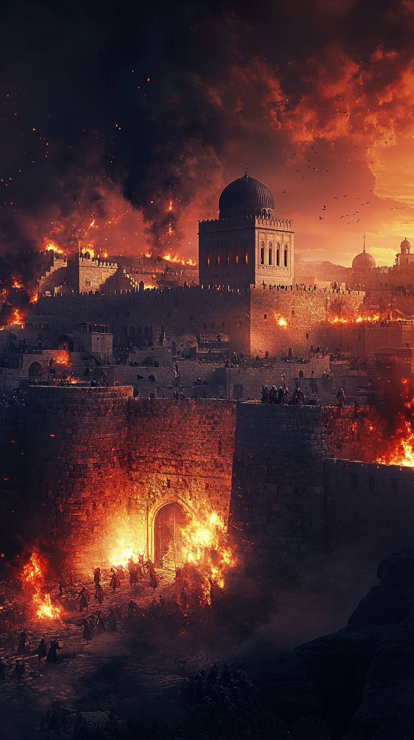 Jerusalem walls besieged, flaming arrows, soldiers clash, ruins background.