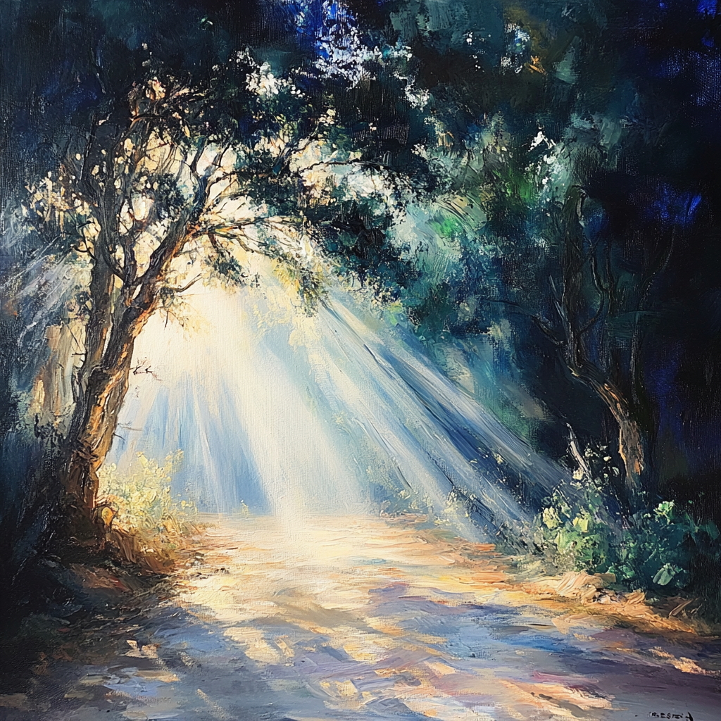 Jesus Christ's light shines on bowing trees.