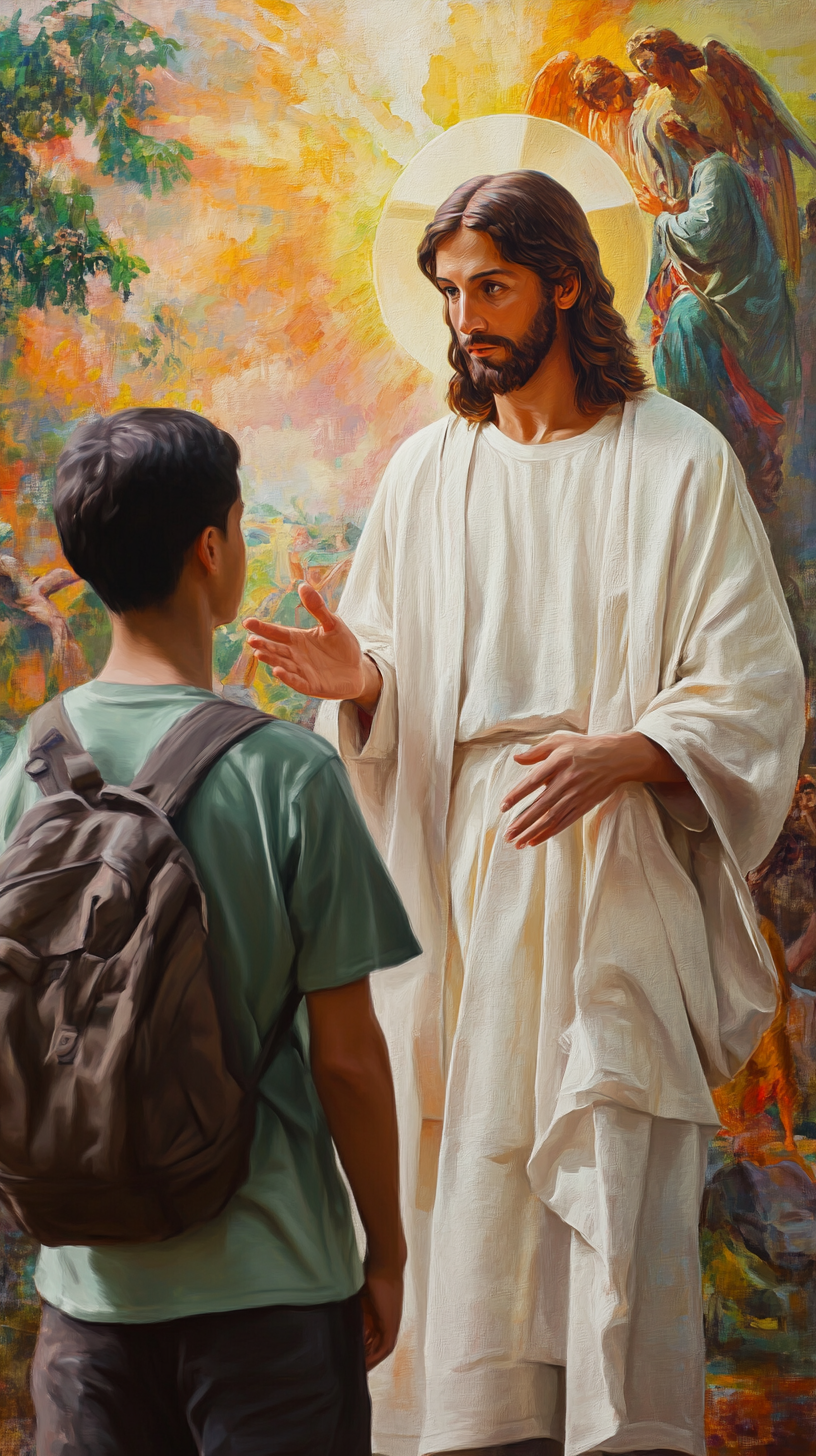 Jesus Christ Watching Latin American Boy Returning Home