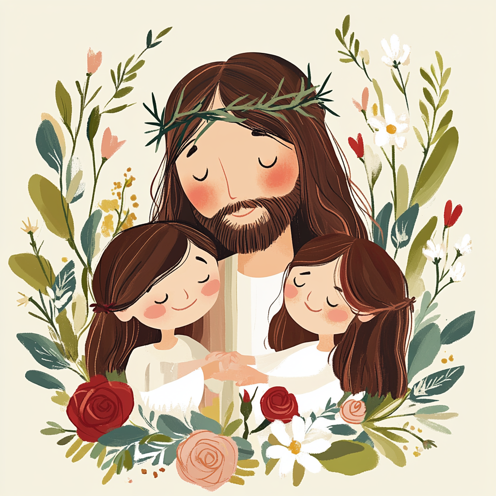 Jesus Holding Children in Floral Surrounding