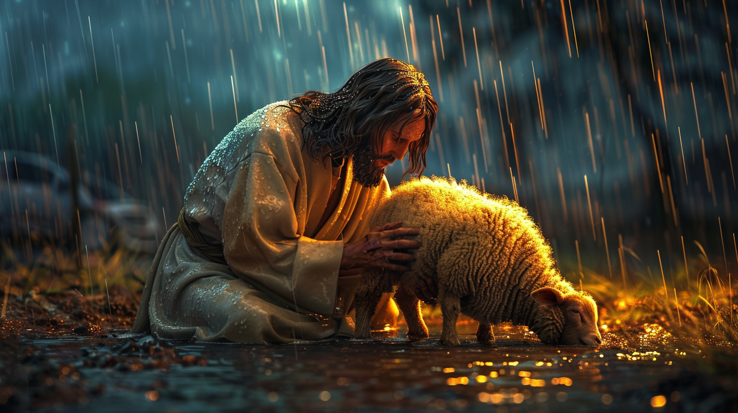 Jesus Saves Lost Lamb in Mud Storm, Detailed Art